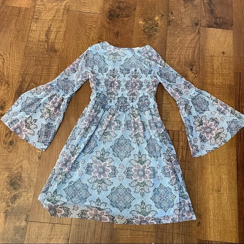 NWT justice girls sheer bell sleeves dress Sz 10 Blue multicolored design